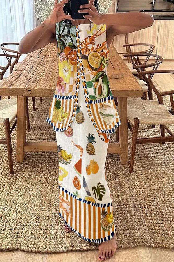 Natural Charm Linen Blend Tropical Fruit Print Vest and Elastic Waist Maxi Skirt Set
