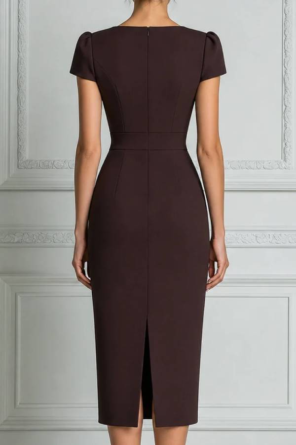 Brown Printed V-Neck Slim Elegant Midi Dress