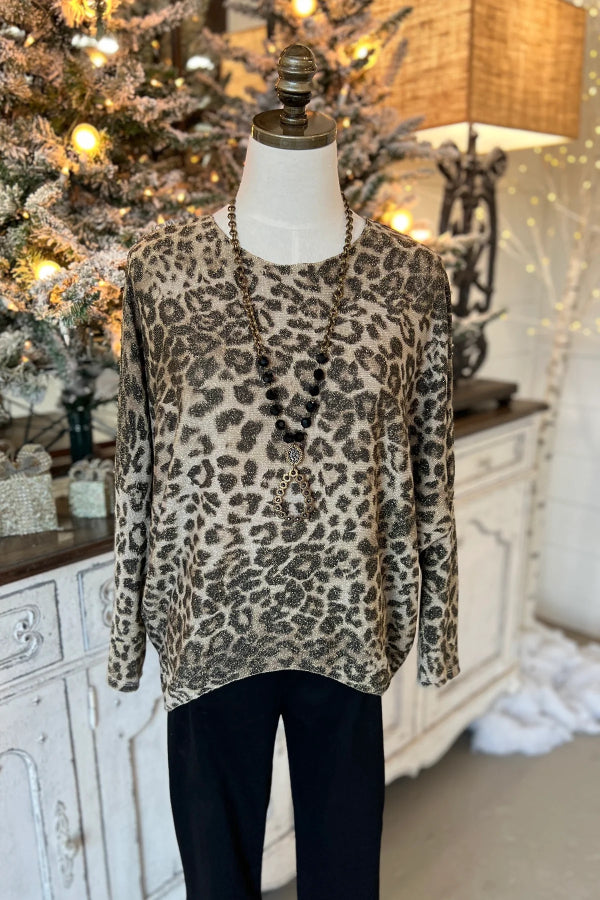Wool fleece leopard print crew neck top