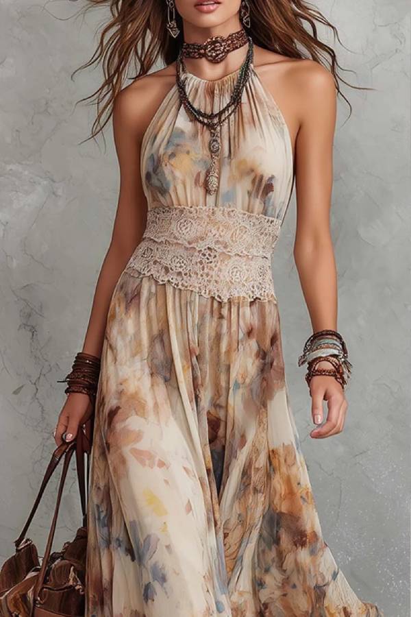 Bohemian Watercolor Print Halter Maxi Dress