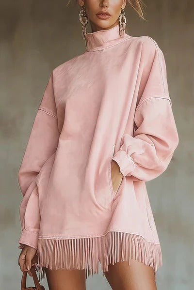Stylish Suede High-neck Long-sleeved Loose-fitting Pockets Tassel Mini Dress