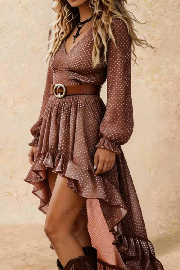 Bohemian polka dot V-neck dress with high and low hem