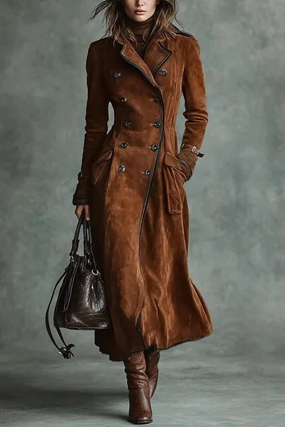 Stylish Suede Lapel Button Casual Pocket Long Trench Coat