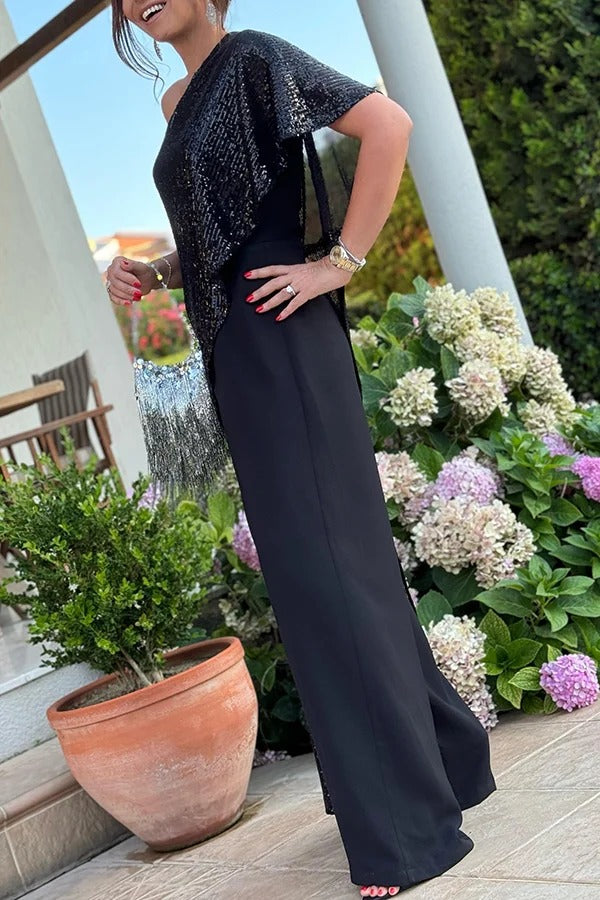 Party Favors Sequin One Shoulder Ruffle Detail Wide Leg Evening Jumpsuit