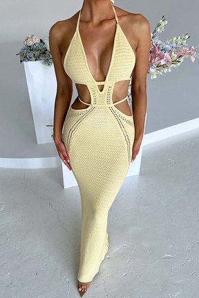 CUTOUT KNITTED V NECK TIE STRAPS BODYCON MAXI DRESSES