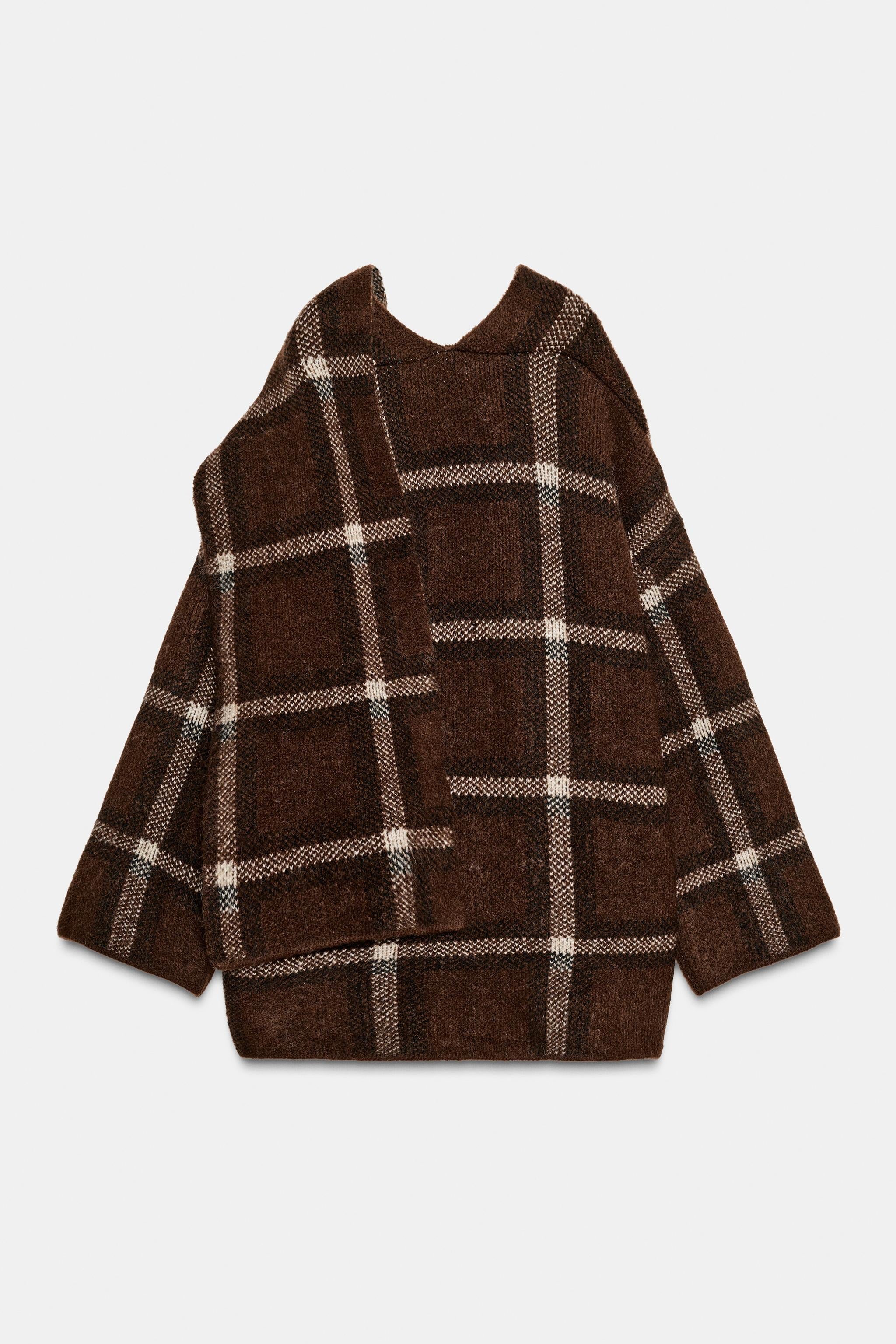 SHORT CHECK KNIT COAT WITH SCARF DETAIL