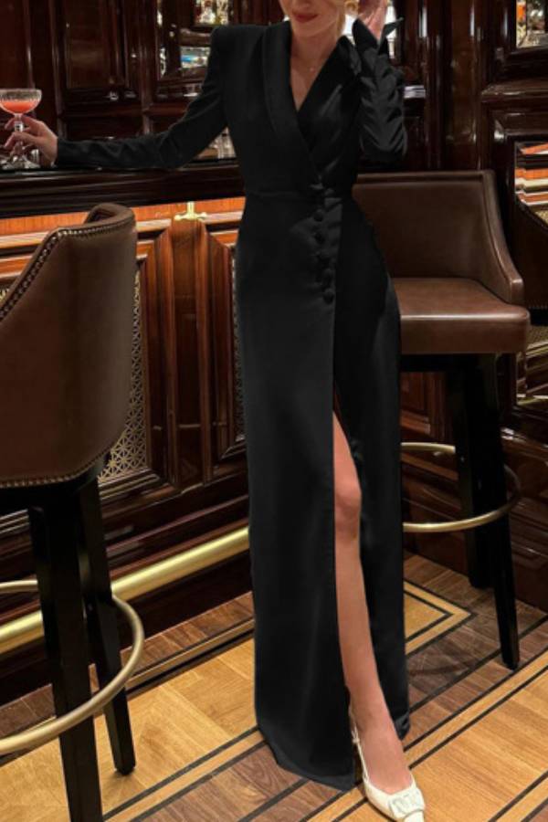 Suit collar high slit waist long dress