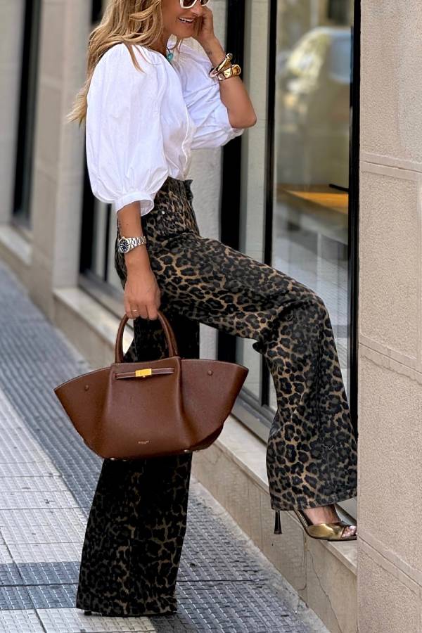Wild Feel Denim Leopard Print High Rise Wide Leg Pocketed Jeans