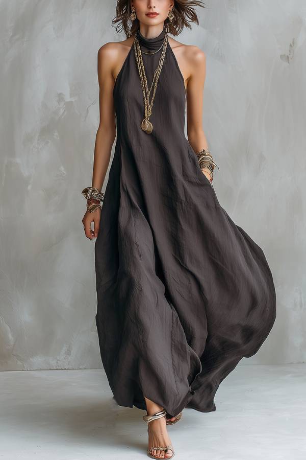 Multi-Color Textured Halter Open-Back Maxi Dress