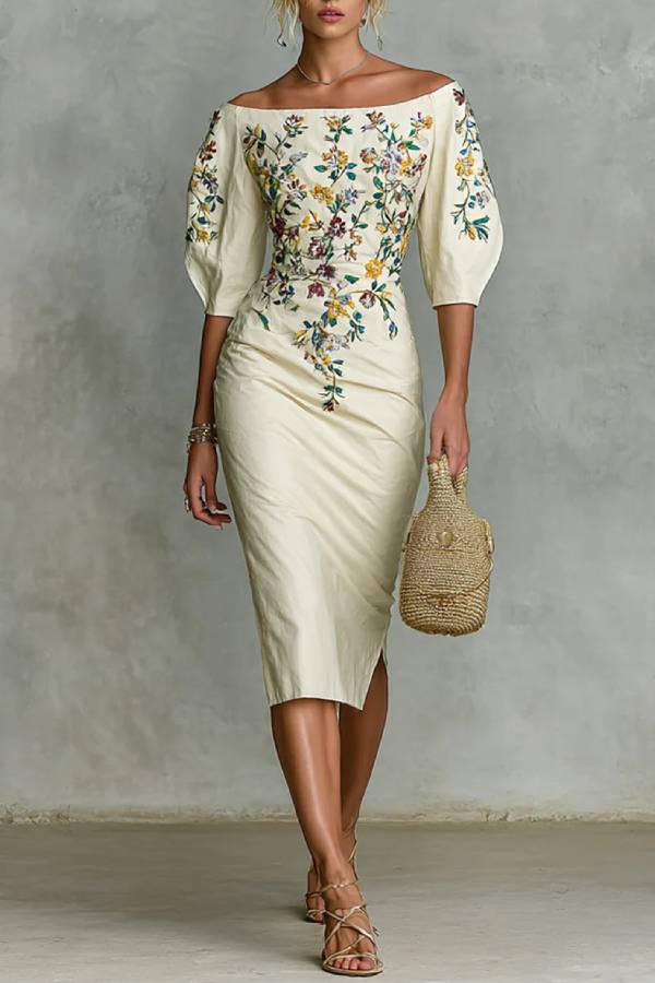 Women's floral print mid-sleeve slit dress
