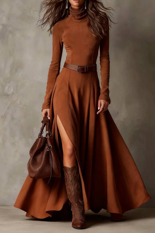 Dark Brown Faux Suede Turtleneck Long Sleeve Slit Maxi Dress