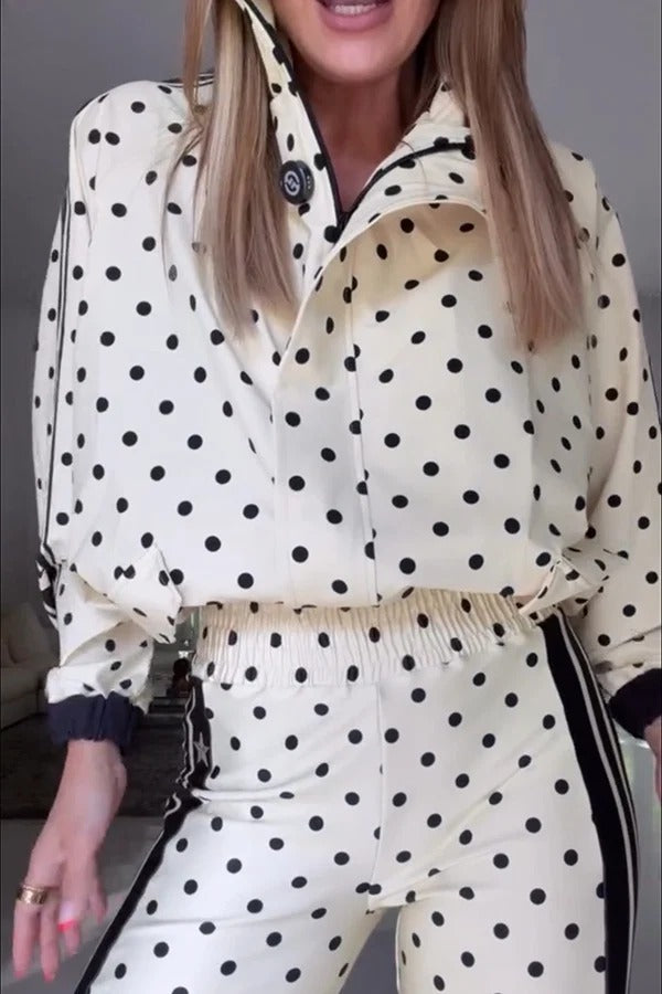 Lucienne Polka Dot Striped Star Print Zipper High Neck Pocket Sporty Jacket