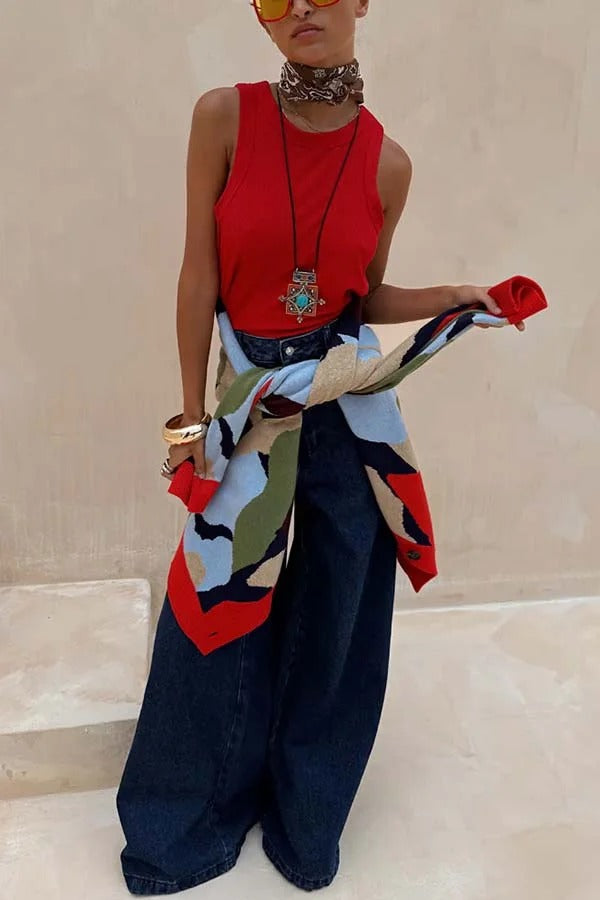 Bright and Bold Knit Abstract Color Blocks Button Long Sleeve Loose Cardigan