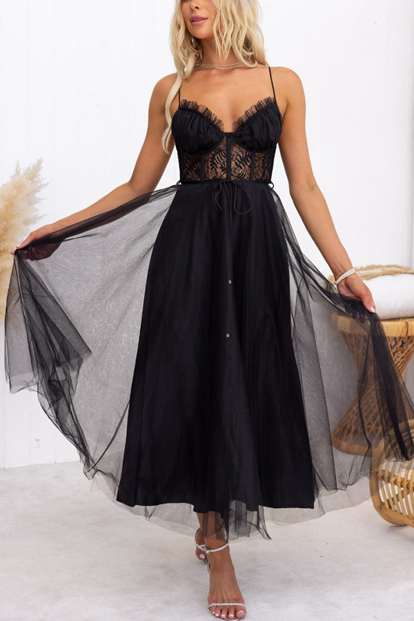 Carrie In Paris Tulle Lace Suspenders Party Maxi Dress