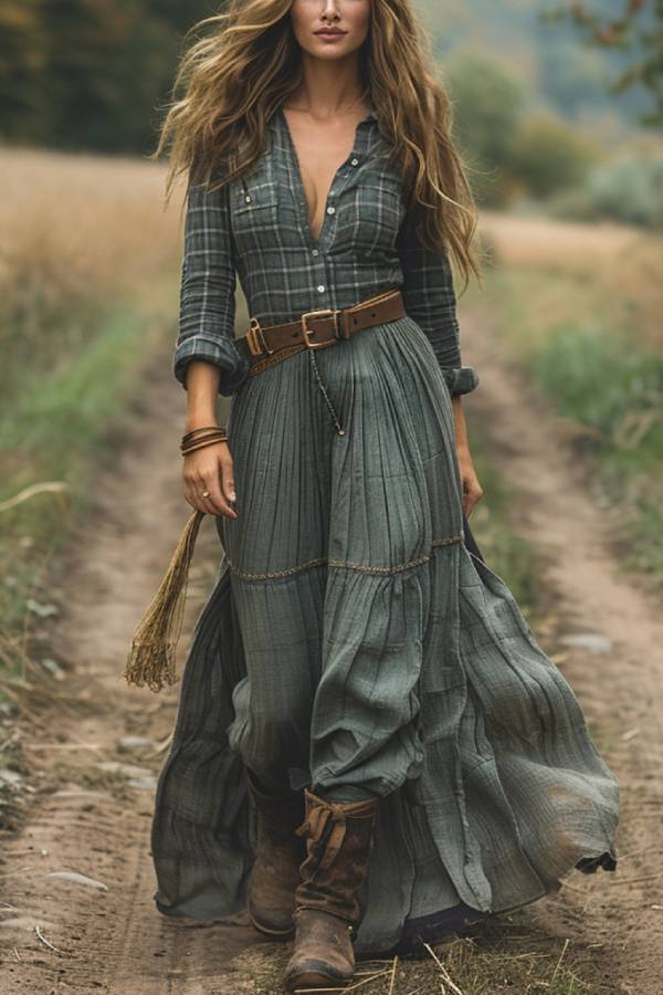 Wilderness plaid bohemian long skirt