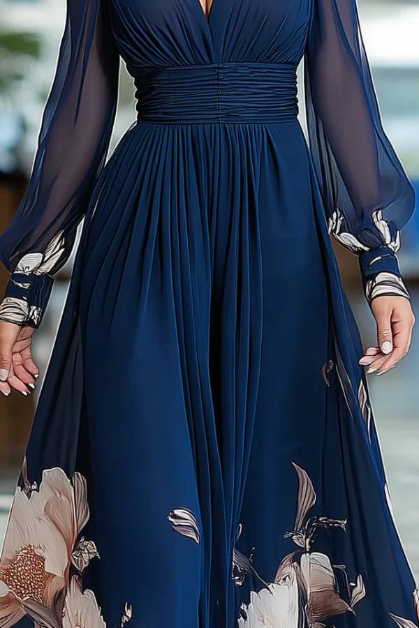 Navy Blue V-neck Tulle Sleeve Pleated Floral Maxi Dress