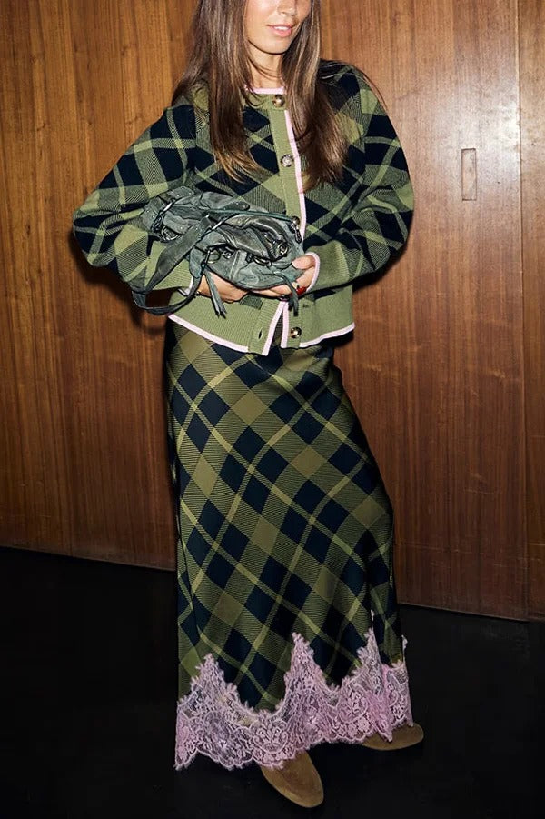 Holiday Plaid Knit Color-blocked Trim Button Long-sleeved Loose Cardigan