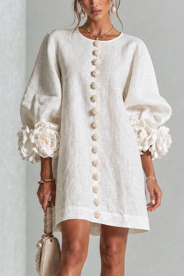 White Floral Button-down Mini Dress With Striking Floral Cuffs
