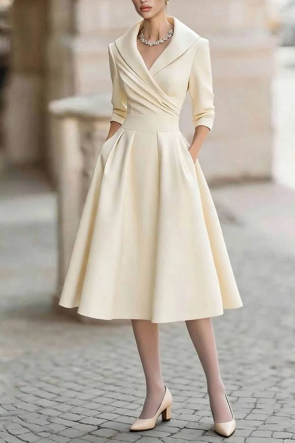 Elegant V-neck Long-sleeved Midi Dress