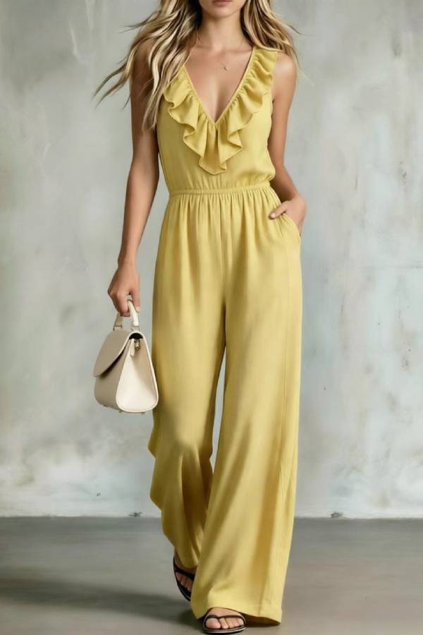 Ruffle V-neck Elastic Waist Sleeveless Wide Leg Jumpsuit