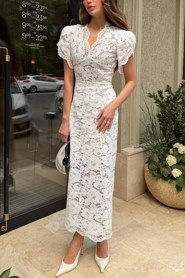 Alysin Flower Lace Wave V-neck Short Puff Sleeve Pencil Slit Midi Dress