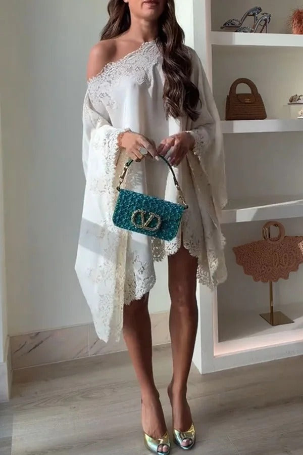 Like A Swan Satin Lace Trim Off Shoulder Wide Sleeve Cape Top