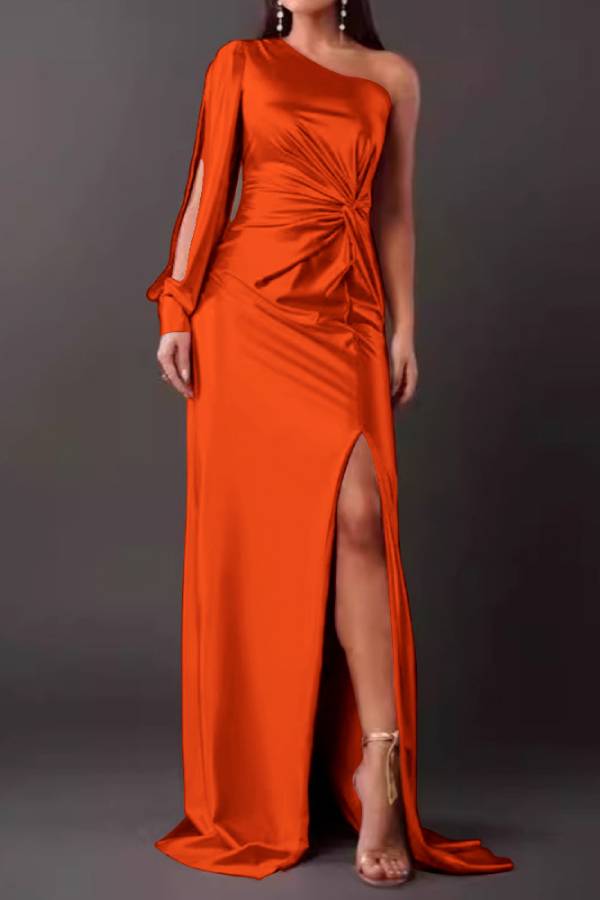 One-shoulder satin twisted high-slit maxi dress