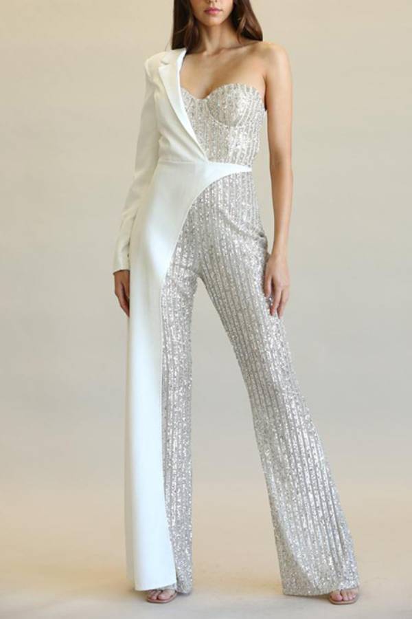 One-shoulder suit with sequined wide-leg jumpsuit