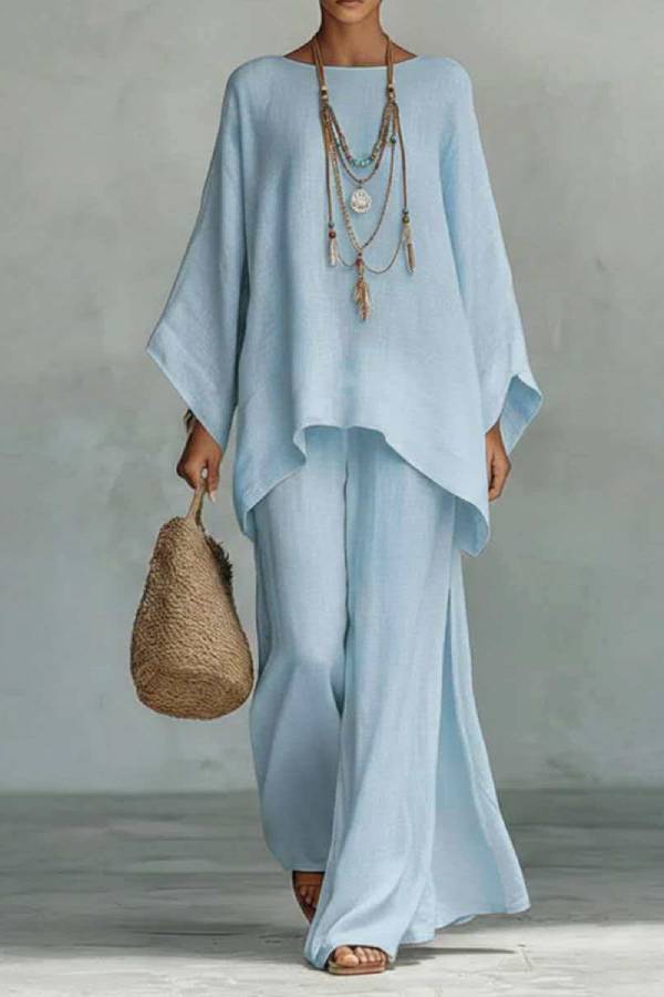 Crew Neck Irregular Hem Loose Top + Flowy Wide-Leg Pants Set