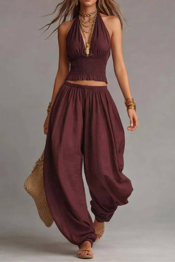 Halter Deep-V Ruched Crop Top & High Waist Harem Wide Leg Pants Two-Piece Set