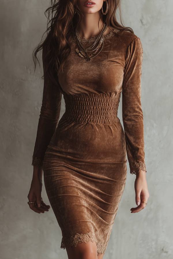 Caramel brown velvet lace waist-cinching dress