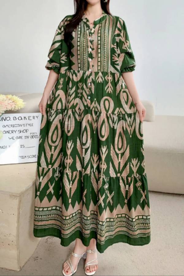 Printed lantern sleeves loose dress