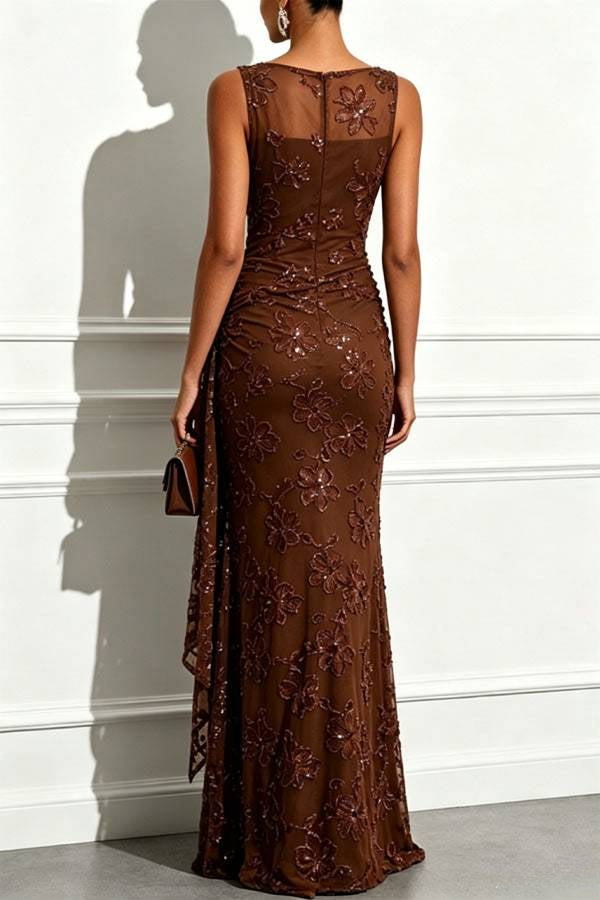 Solana Sequin Jacquard Boat Neck Sleeveless Tie-up Hem Sheath Floor-length Gown Dress