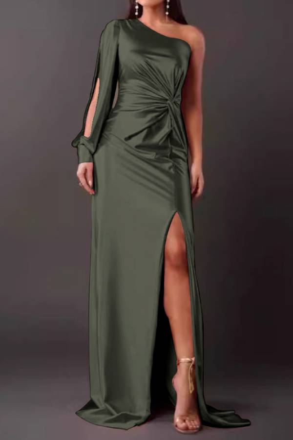 One-shoulder satin twisted high-slit maxi dress
