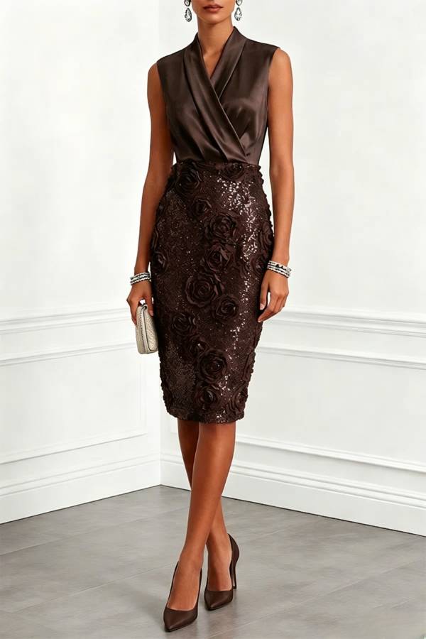 Isabele Satin Lapel V Neck Sleeveless 3D Floral Glitter Sequin Hem Sheath Midi Dress