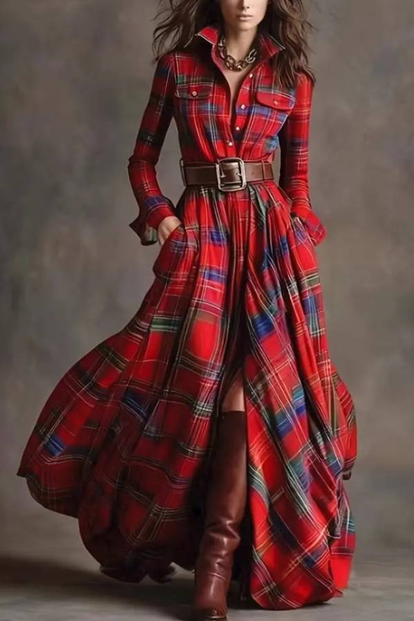 Checked Shirt Dress with Waist Tie