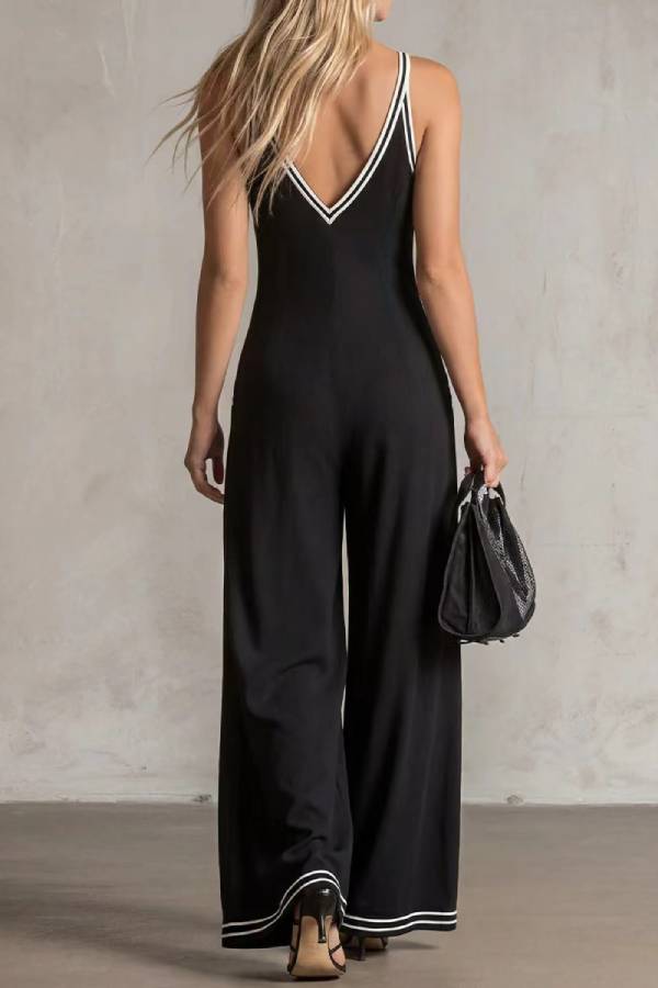Contrast White Trim V-Neck Spaghetti Strap Single Button Draped Wide Leg Jumpsuit