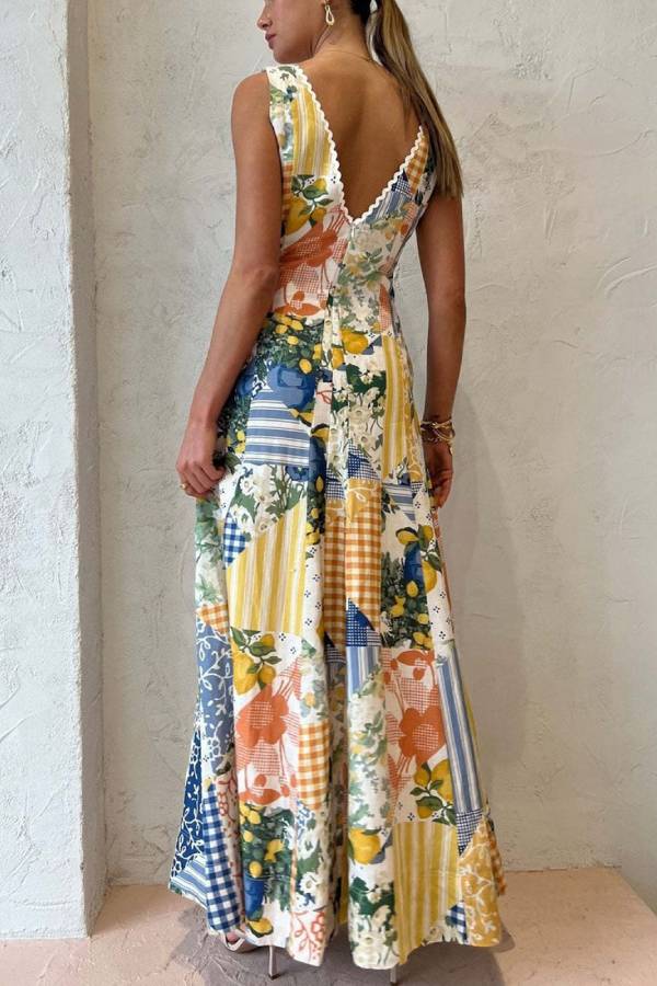 Retro-style patchwork print deep V sleeveless long dress