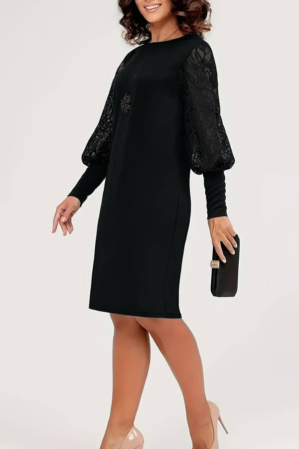 Round neck lace lantern sleeve midi dress