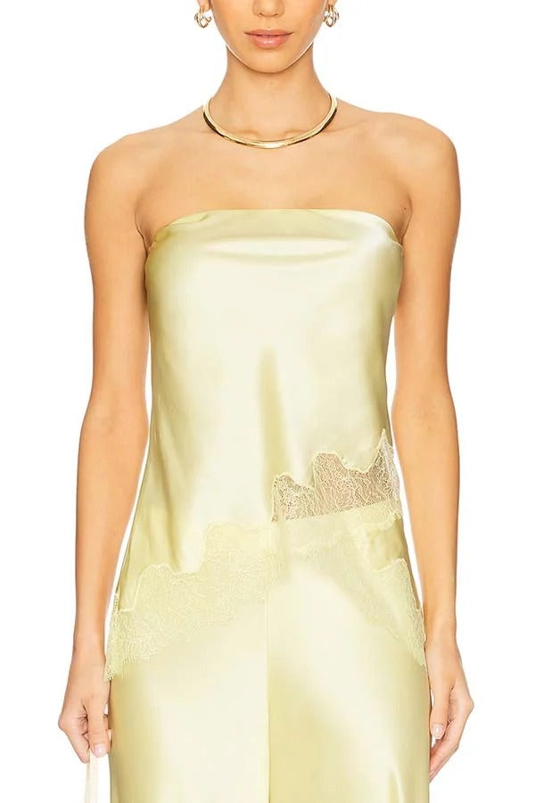 Odessa Satin Floral Lace Hem Strapless Tank and Mid Rise Wide Leg Pants Set