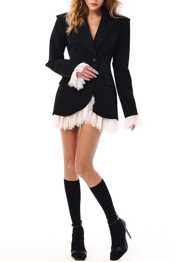 Cue The Chic Lace Trim Button Long Sleeve Lapel Blazer Mini Dress