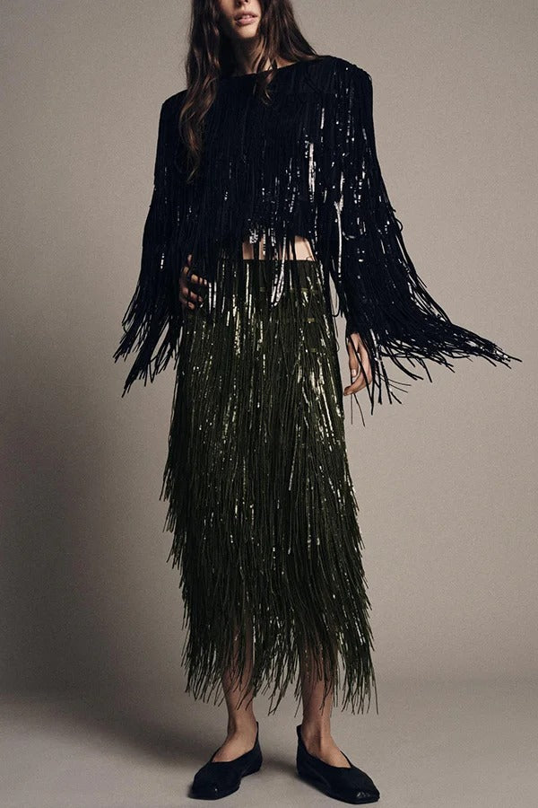 Stylish Sequined Tassel Elegant Midi Skirt