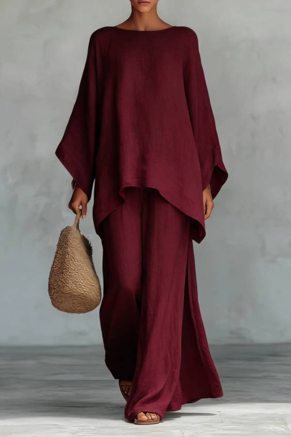 Linen-Style Oversized Top + Slit Wide-Leg Pants Set