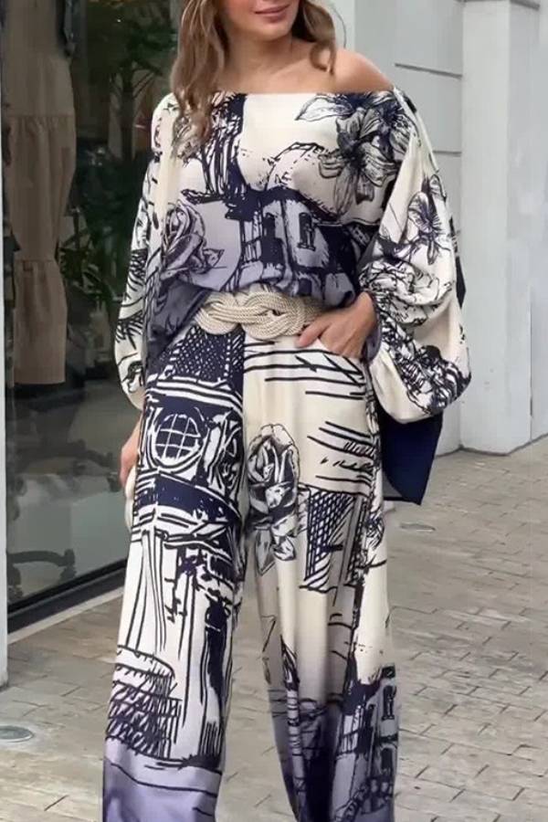 Artistic architectural print off-the-shoulder wide-sleeved wide-leg pants suit