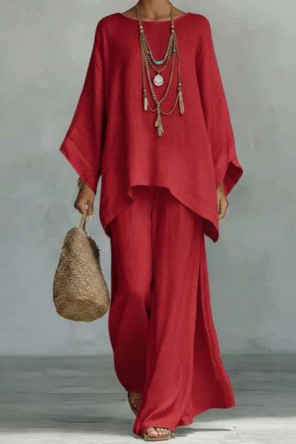 Crew Neck Irregular Hem Loose Top + Flowy Wide-Leg Pants Set