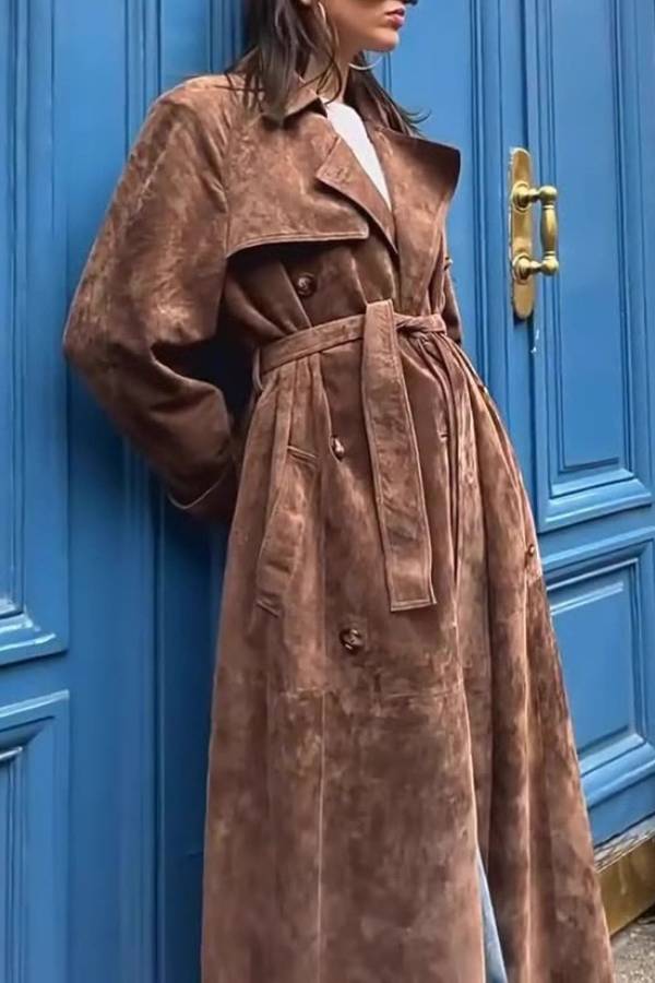 Vintage Caramel Brown Suede Long Trench Coat