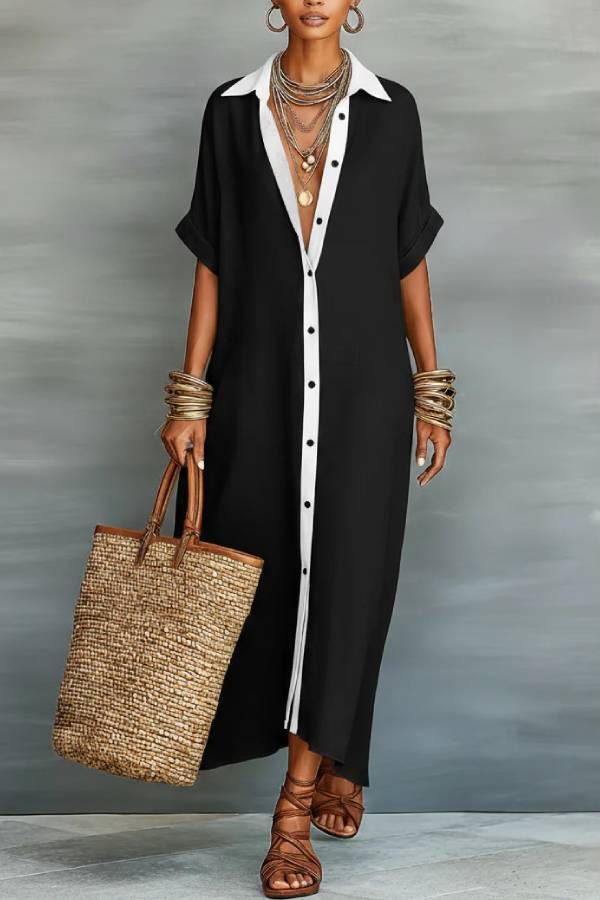 Color Contrast Collar Long Shirt Dress
