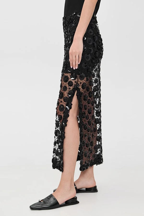 Gorgeous Flower Embellished Sequin Sheer High Rise Slit Midi Skirt