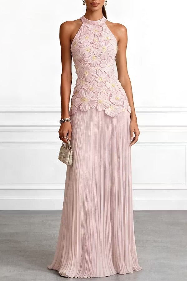 Emilie 3D Floral Embroidery Pleated Chiffon Hem Halter Neck Sleeveless Maxi Dress