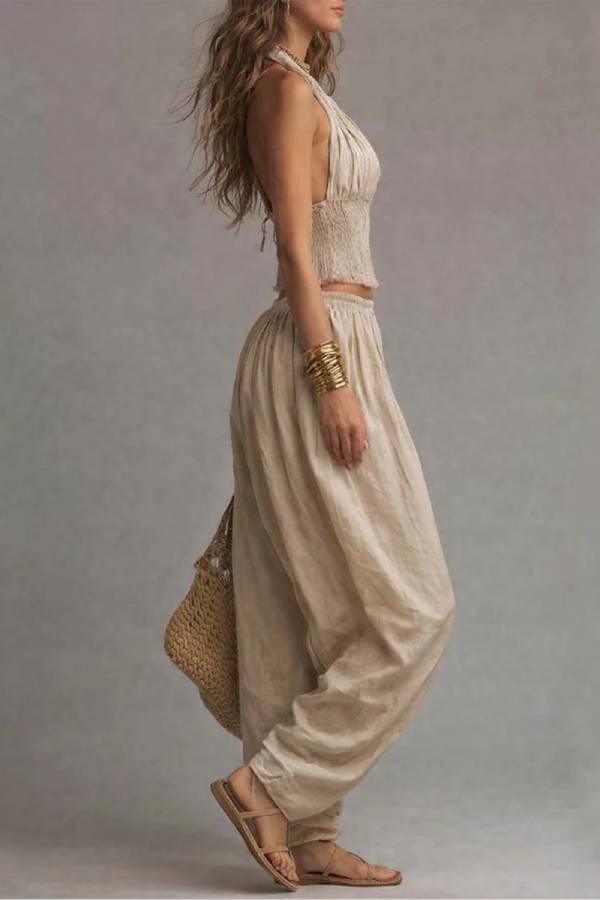 Halter Deep-V Ruched Crop Top & High Waist Harem Wide Leg Pants Two-Piece Set